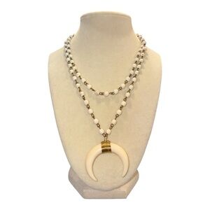The Classic Horn Necklace Cream beaded double chain gold wire wrapped. JB6